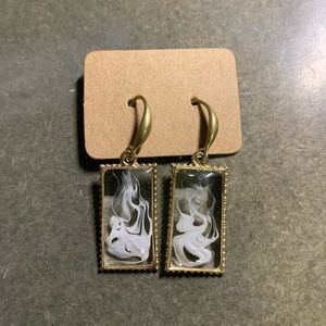 Handmade rectangular framed resin white smoke earrings